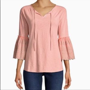 St Johns Bay Peach Embroidered Bell Sleeve Top NWT